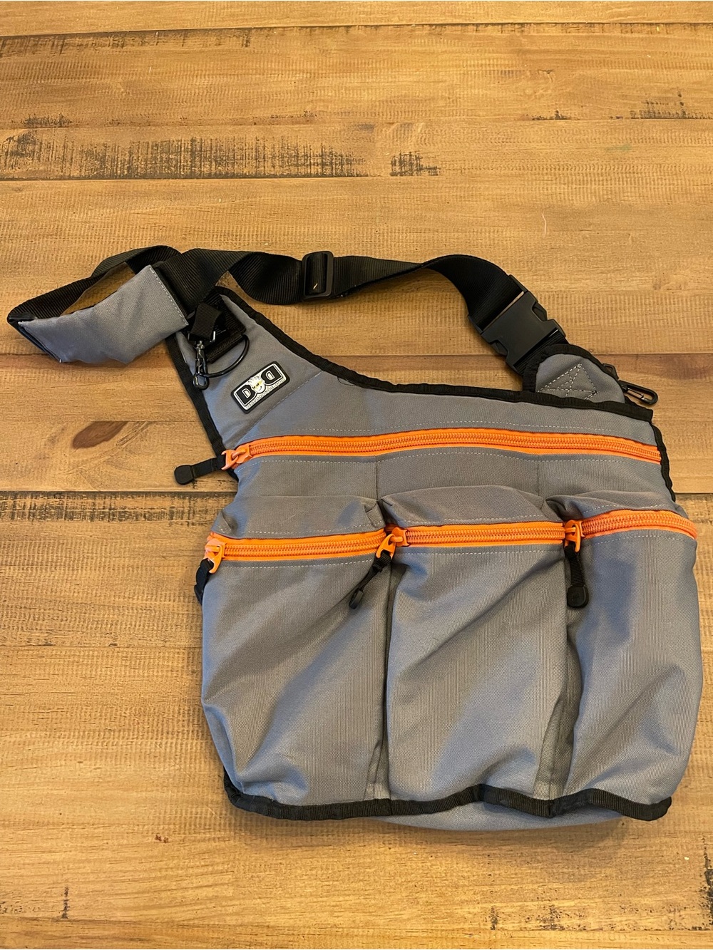 Men's Gray Crossbody Diaper Bag with Orange Zippers